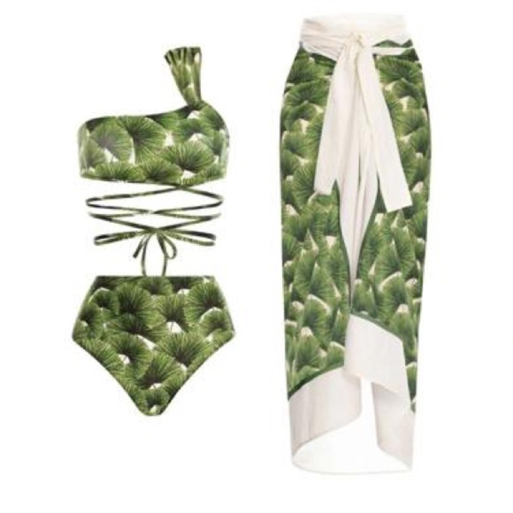 Flaxmaker one shoulder printed bikini swimsuit and cover up